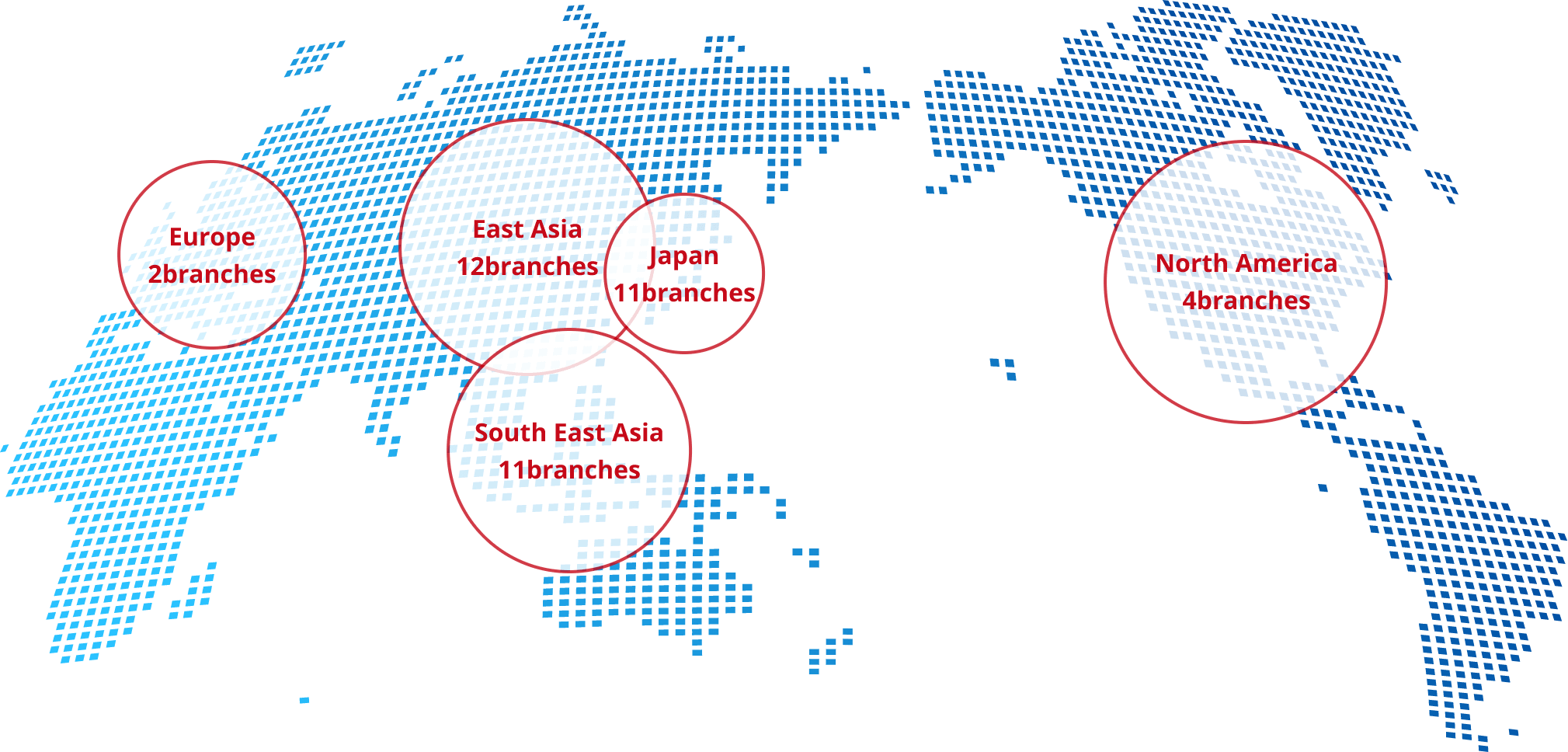 Global Network/Europe 2bases, East Asia 12bases, South East Asia 11 bases, Japan 11bases, North America 4bases